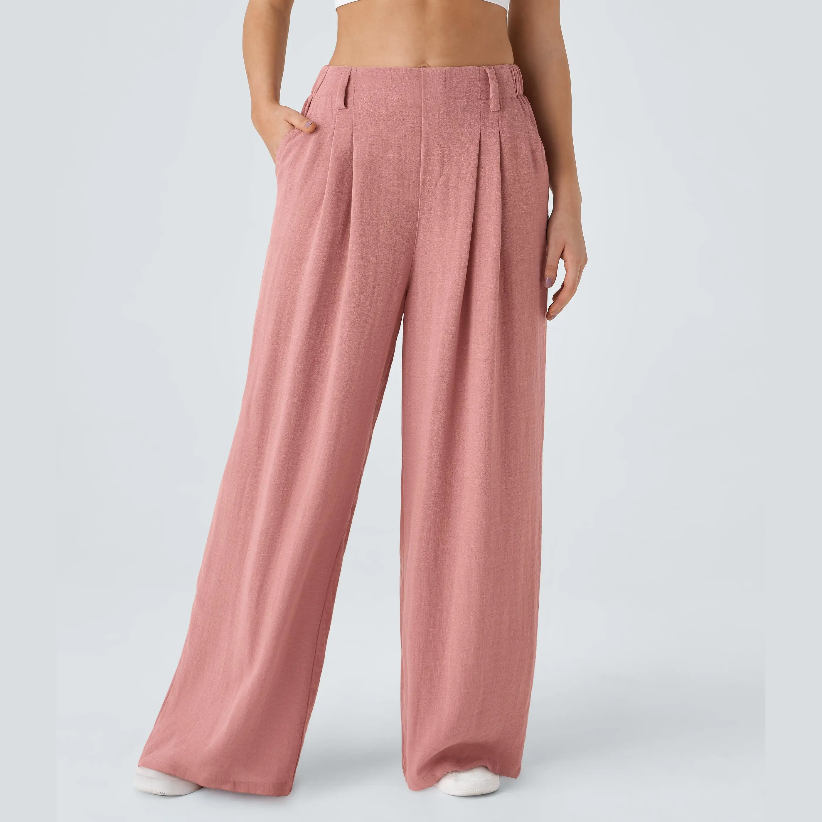 Halara High Waisted Pocket Wide Leg Flowy Solid Palazzo Casual Linen-Feel Pants