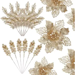 24 PCS Christmas Tree Decorations, 12 PCS Poinsettia Flowers Artificial+6 PCS Glitter Holly Berry Stems+6 Berry Leaves Christmas Tree Picks for Party Wreath Fireplace, Champagne Gold