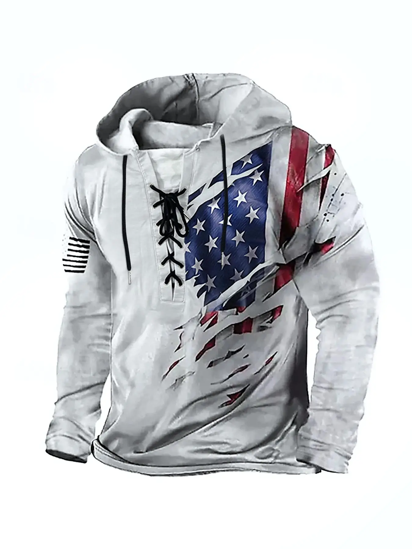 Men's American Flag Print Drawstring Hoodie, Casual Regular Fit Long Sleeve Hooded Sweatshirt for Daily Wear, Men's Top for All Seasons