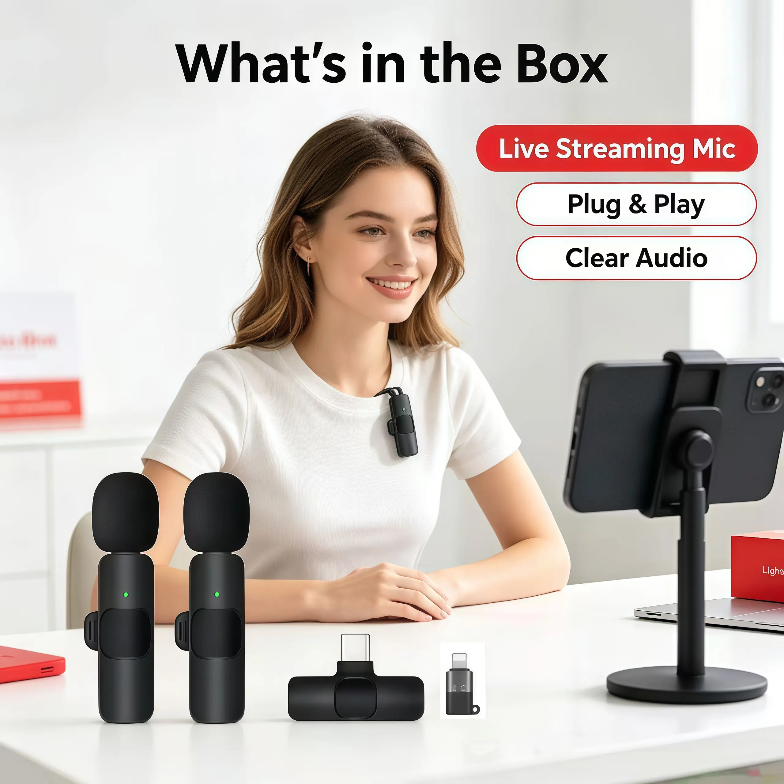 K9 Bluetooth Wireless Lavalier Microphone (1-to-2 Dual Pair), USB Type-C & Lightning Charging Adapter, Noise-Canceling Mobile Audio Mic for Outdoor Live Streaming, Compatible with Android & iOS Devices, Recording Plug
