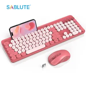 SABLUTE KC281 Typewriter Wireless Keyboard and Mouse Combo, Retro Round Keycap Typewriter Keyboard with Phone/Tablet Holder, Cute Colorful Keyboard