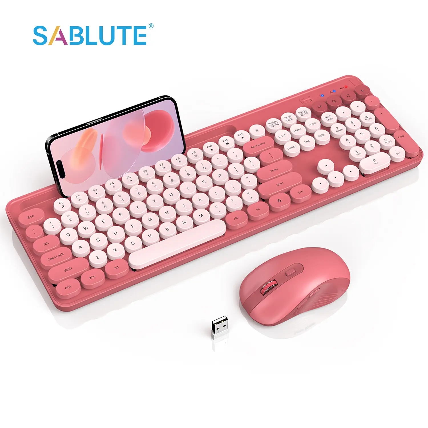 SABLUTE KC281 Typewriter Wireless Keyboard and Mouse Combo, Retro Round Keycap Typewriter Keyboard with Phone/Tablet Holder, Cute Colorful Keyboard