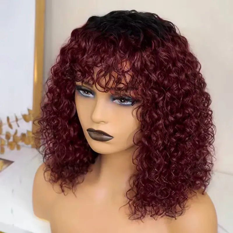 Well Done Forever. 12” -Inches. 200 Density.Human Hair Full Machine Wig with Blunt Bangs, Middle Part, Jerry Curly, TT1B-99J Color, 12” -Imche.200. Density, Heat Resistant, High Volume for Daily Wear (Non-Lace)