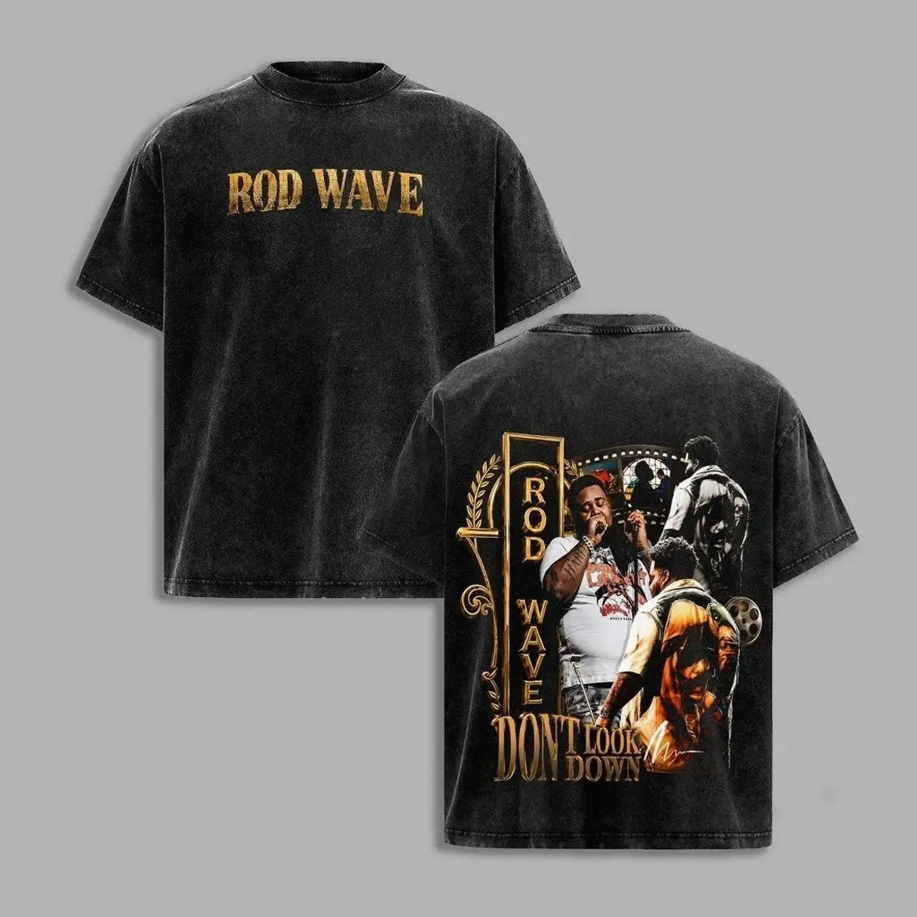 Rod Wave Don't Look Down Tour Vintage Washed Unisex Relaxed Round Neck Cotton Short-Sleeve Seamless T-Shirt - Double-Sided Rap Prints, Hip Hop Concert Streetwear, Music Fan Gift JEO, Soft Classic Menswear Top 5XI