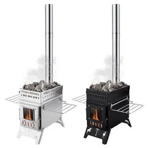 Explorinox Portable Wood Burning Stove 2 in 1 with 5-Pipe System Sauna Stone Basket Foldable Design for Outdoor Camping Heating Cooking Ice Fishing Boiling Water