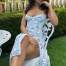 Women's Ditsy Floral Print Contrast Lace Spaghetti Strap Side Split Bodycon Fit Cami Dress, Boho Style Casual Wear, Sleeveless Midi Dress for Summer Beach Holiday Vacation, Bohemian, Bohemian Summer Dresses