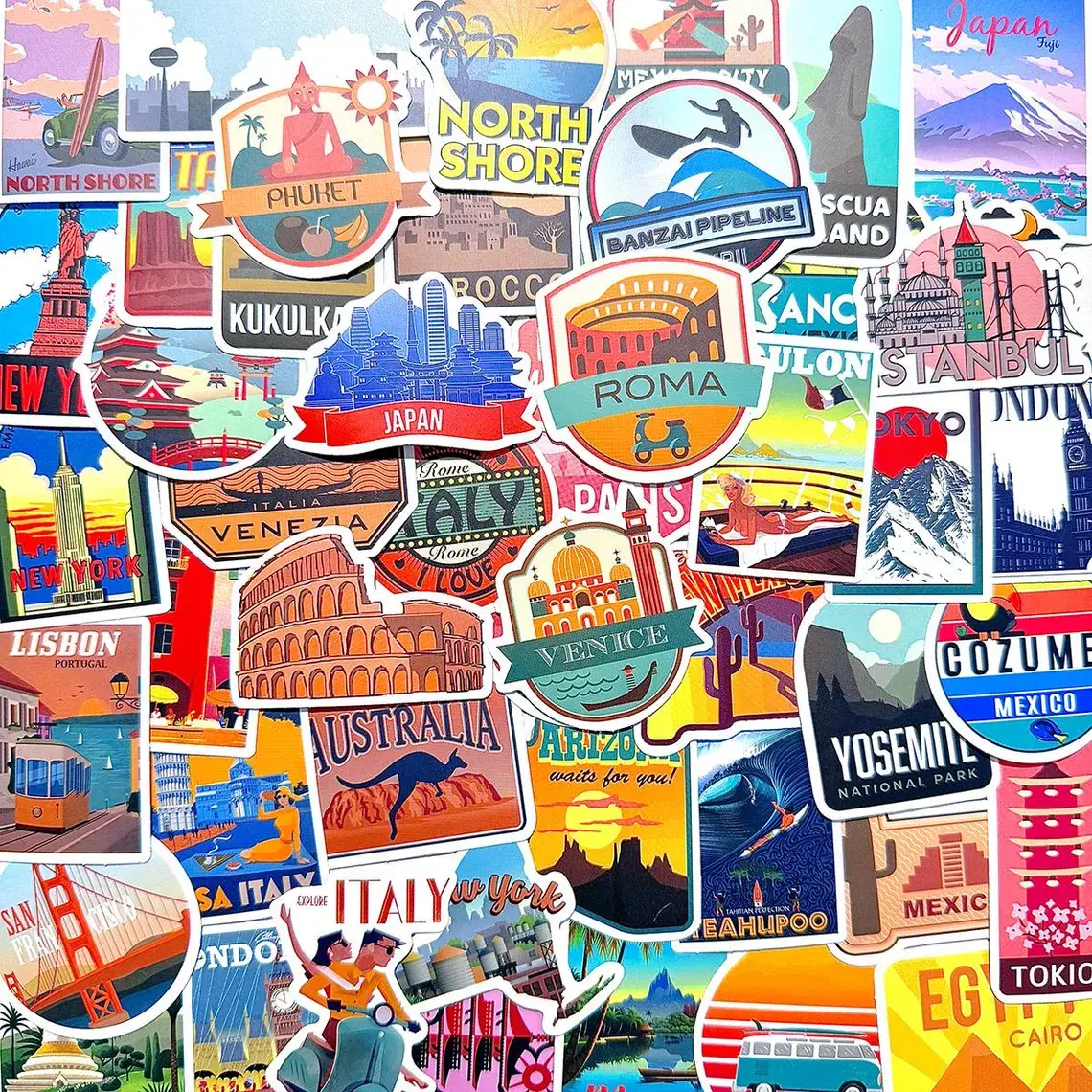 50-Piece Vintage Travel World Sticker Pack, City Landmark Vinyl Decals, Country Map Adventure Scrapbooking Stickers for DIY Hobbies