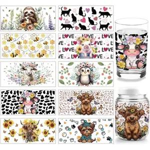 10 Sheets Cartoon  UV DTF Cup Wrap, 10 Styles Cows Sloths Cats Rub  Transfers  PVC Paper Rub   for DIY 16OZ Glass Cups Furniture  9.5x4.3inch(24x11cm)