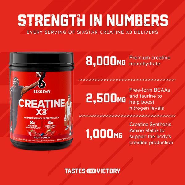 Six Star Creatine X3 Monohydrate Powder – Fruit Punch Flavor, 30 Servings, Creatine HCl & Monohydrate Blend for Muscle Building, Strength & Post-Workout Recovery for Men & Women