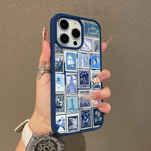 Adorable Magnetic Case for iPhone11/12/13/14/15/16/17/promax Blue Vintage Stamps Magnetic Compatible, Lightweight, Anti-Fall | Girly & Chic Style