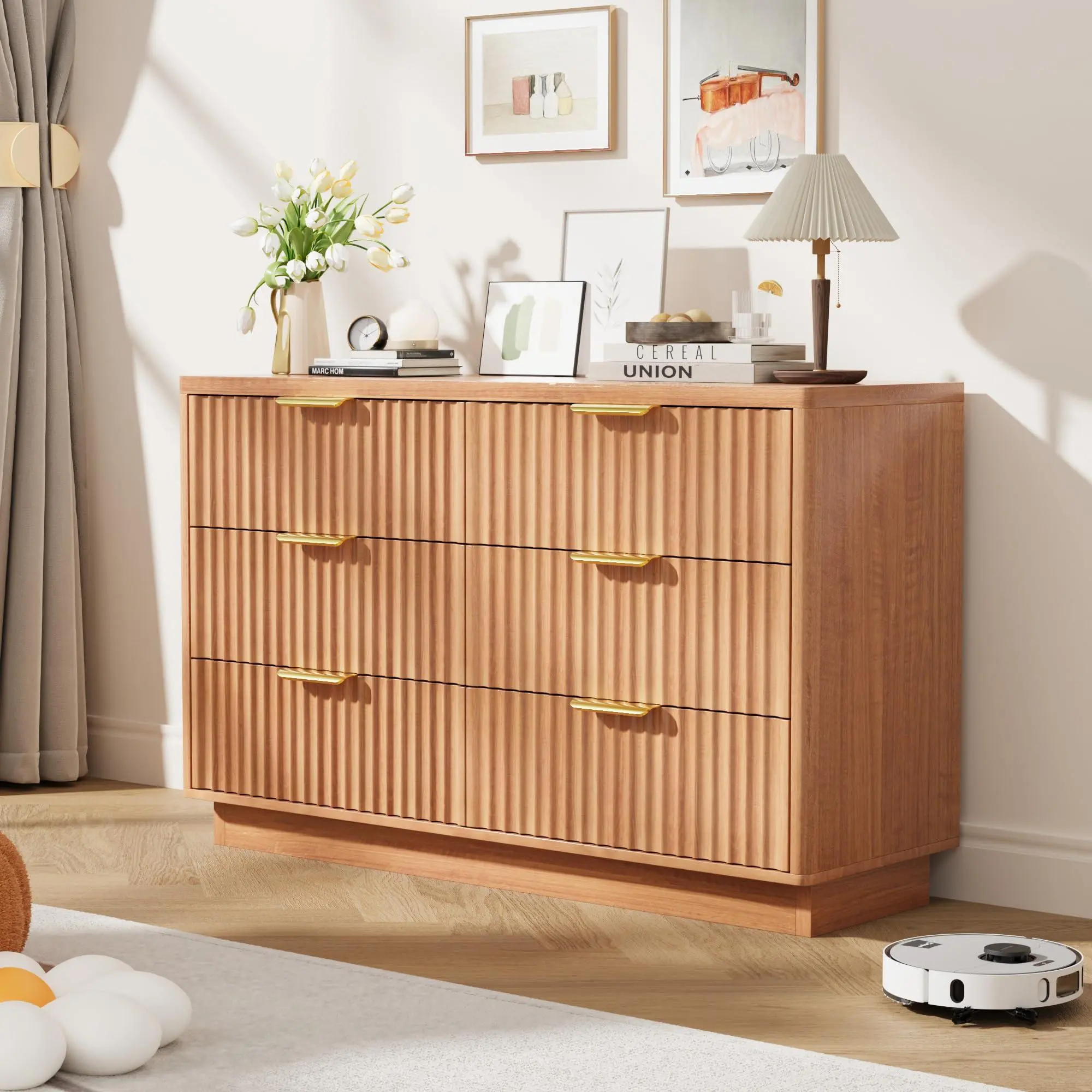 Natural Oak Modern 6-Drawer Bedroom Dresser, 47-in Wood Chest of Drawers, Compact Nursery Storage Cabinet for Closet, Living Room & Apartment Shopping Furniture