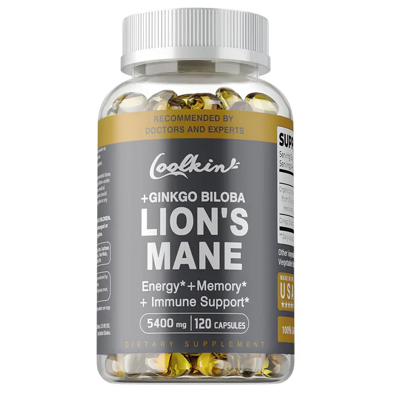 Coolkin Lion's Mane Mushroom and Ginkgo Biloba Capsules 5400 mg help with brain and cognitive health, available in 60/120 capsule packs.