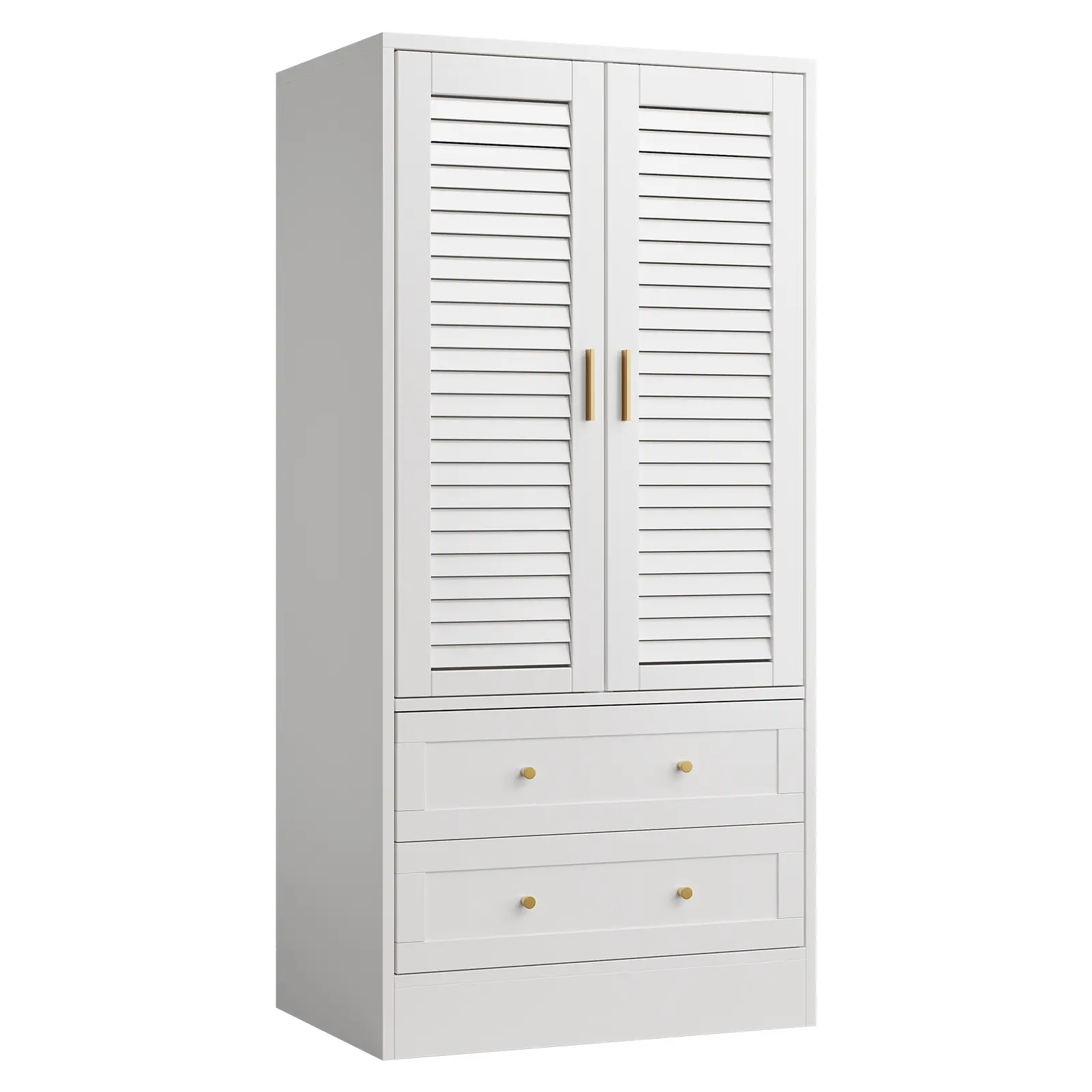 White Modern MDF Board Wardrobe Armoire - Stable Base Closet Storage with 2 Shutter Doors, Gold Handles, Hanging Rods, 2 Drawers, Anti-Tipping Devices, 64.96"h x 31.50"w x 21.65"d, Requires Setup for Bedroom, Wardrobe Dorm Room