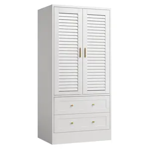 White Wardrobe with Hanging Rods and 2 Drawers, Wardrobe Armoire Closet with 2 Shutter Doors, Modern Bedroom Armoire with Gold Handles, White