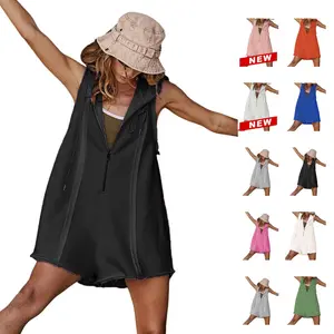 Ommig Short Half Zipper Sports jumpsuit for Fitness Outdoor Leisure Sleeveless Loose Hoodie for Women, Athleisure Style, Workout Jumpsuit