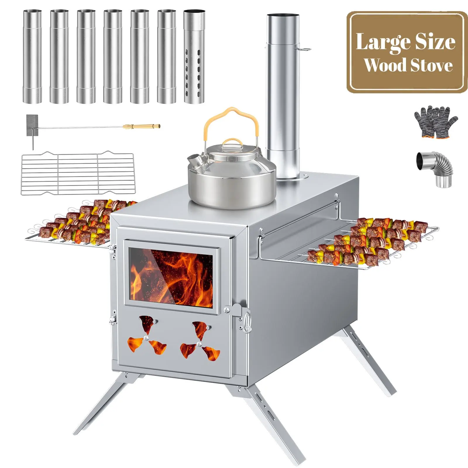 DoCred Portable Camping Wood Stove - Outdoor BBQ Grill, Wood-Burning Stove with 7 Stainless Steel Chimney Pipes & Anti-Spark Feature, Camping Kitchen Equipment for Outdoor Heating & Cooking