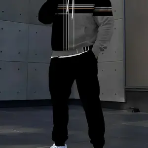 Men’s color-block plaid hooded sweatshirt and jogger pants two-piece set, featuring a minimalist black/white/gray palette. Comfortable fit that suits various body types; perfect for everyday outings, commuting, or home wear.