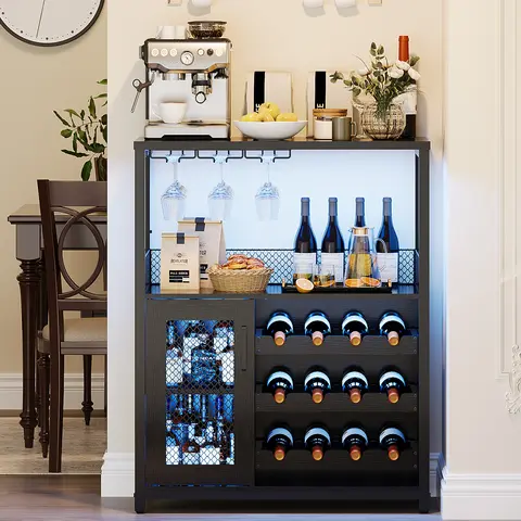 Modern 3-Tier Wood Wine Bar Cabinet - Powder Coating Industrial Cupboard with Adjustable Remote Controlled LED Light Strips, Waterproof, Detachable Wine Rack, Glass Holder, Mesh Doors, Iron Legs, Shelves, Tiered Shelf for Residential Use Dining Room Decor