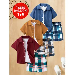 Randomly 1 Set, 2pcs, Boys' Shirt And Shorts Set, Featuring A Checkered And Striped Pattern with Printed Stitching, Fashionable And Trendy, Versatile, 3-12Y Teen Boy Clothing, Casual Wear, Outdoor Sports, Easter Giftr, Polyester, Perfect for Outdoor