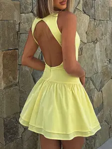 Sexy Backless Halter Neck Sleeveless Dress, Hollow Out Design, Layered Ruffle Hem, Short Casual Dress for Women