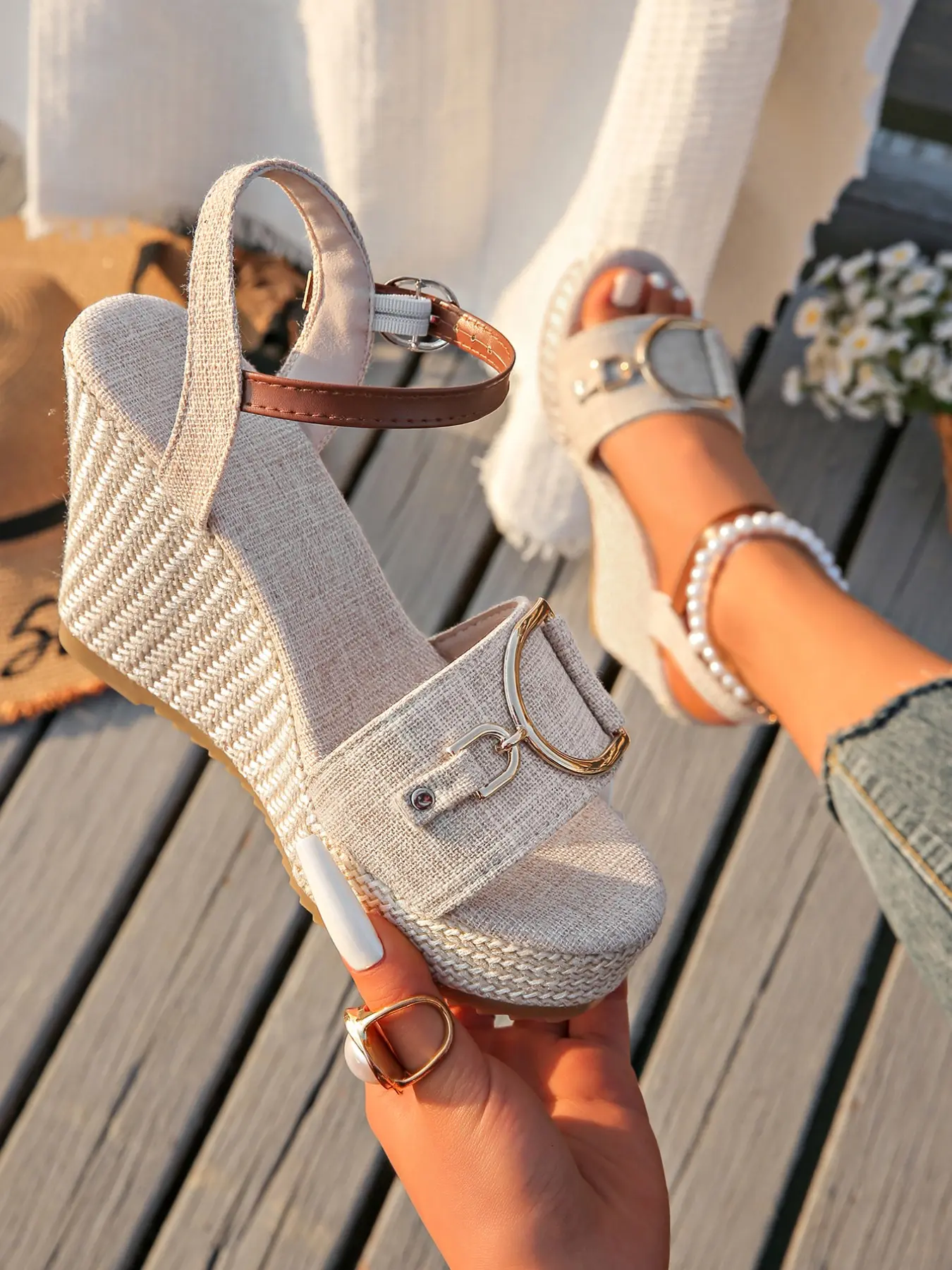 Boho Linen Platform Wedge Women Sandals Footwear | Breathable Woven Design, Adjustable Ankle Strap, Non-Slip Sole, All-Day Comfort For Vacation & Daily Wear Breathable Summer Sandals