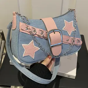 Sweet Cool Y2K Style Star Crossbody Bag for Students, Casual Denim Shoulder Underarm Purse with Star Applique & Metal Chain Detail, Adjustable Strap Zipper Closure Bag, Large Capacity Versatile Daypack for School, Commute, Shopping & Daily Activities