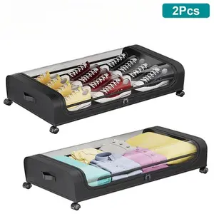 Under Bed Storage Containers 2 Pack Rolling Organizer 42L with Clear Lid 360 °   Lockable Wheels for Clothing-4454