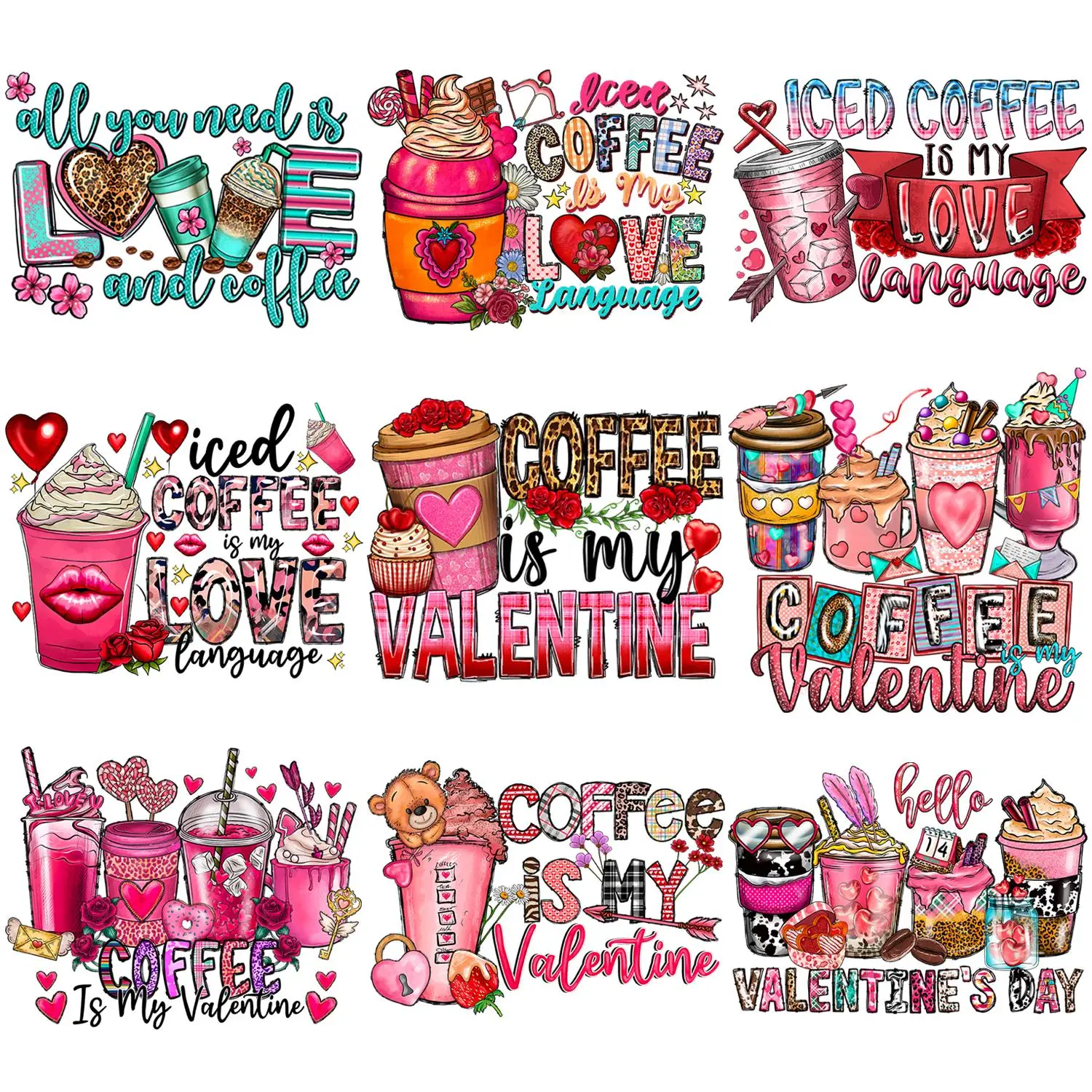 Coffee & Letter Pattern Decor Iron on Heat Transfer Paper, 9pcs/set Long Lasting Printing Decorative Hot Stamping Paper for DIY T-shirt Sweatshirt Bag