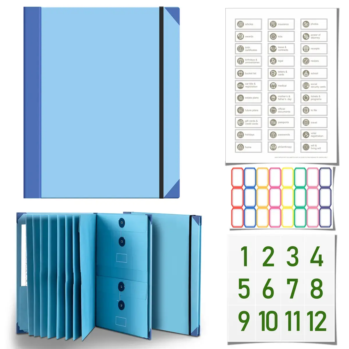 Accordion File Organizer - Expandable Folders with Multiple Pockets and Labels, Document Storage for Passports, Birth Certificates, Bills, Personal Records, Home/Office Filing Supplies