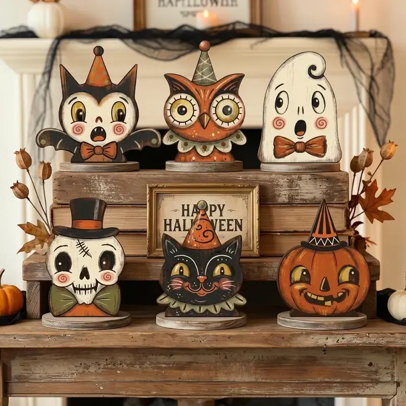 Vintage Halloween Indoor Decorations, Fall Seasonal Ornaments, Retro Wooden Blocks for Shelf Decoration, Ghosts, Cats, Pumpkins, Skulls, Witches, Cats, Owls, Zombies, Vampires