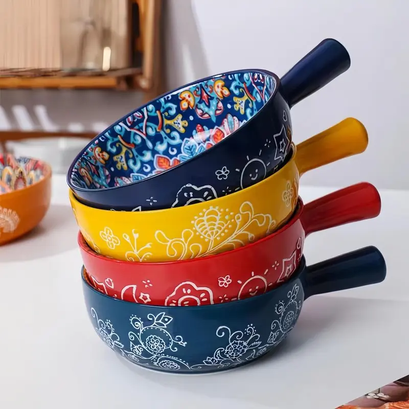 Boho Style Ceramic Salad Serving Bowls with Handle, 2 Counts/set Colorful Flower Pattern Bowl, Microwave & Oven Safe Bowl for Home Baking & Serving, Dinnerware