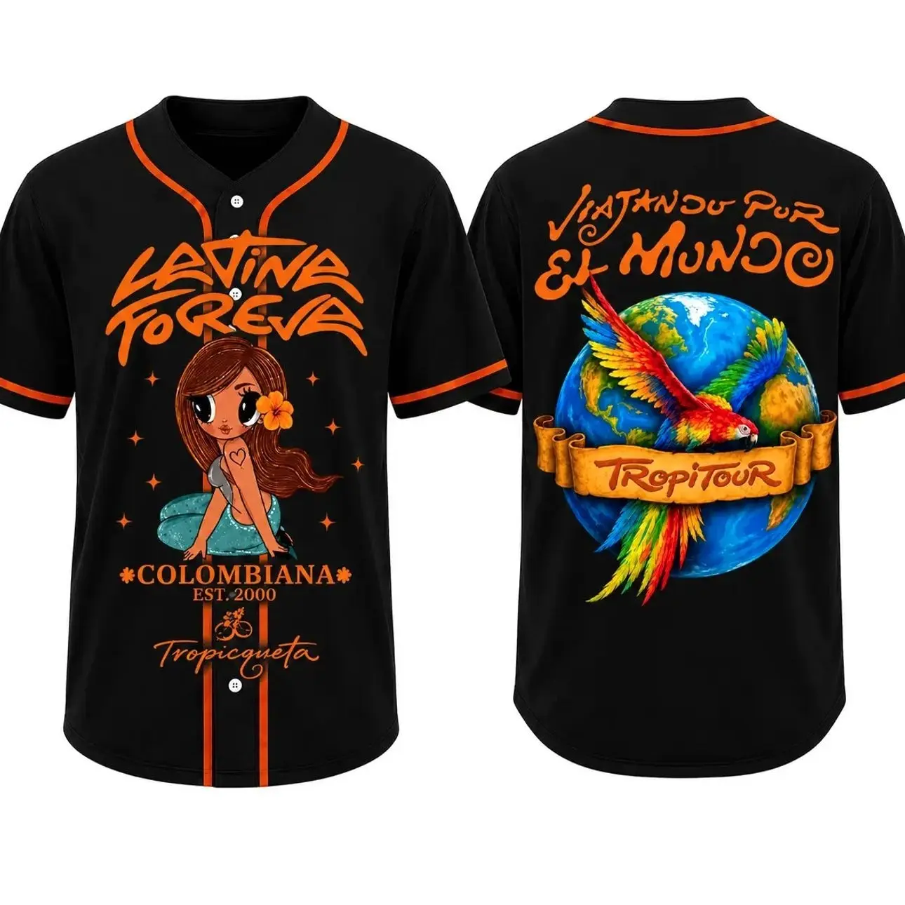 Black Tropicoqueta Baseball Jersey, Viajando Por El Mundo Button Down Shirt, Latin Music Concert Apparel, Unisex Fan Gift for Women and Men