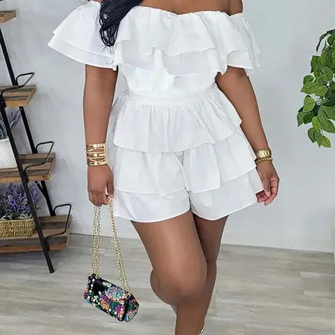Women's Feminine Basic Tiered Ruffle Off-Shoulder Short Sleeve Fitted Romper, Casual Chic Shirred Waist Romper for Summer, Women's Clothes for Daily Wear Everyday