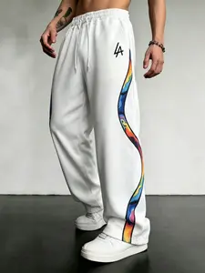 Men's American Streetwear Rainbow Gradient Patchwork Sweatpants, Y2K West Coast Retro Sports Pants, Casual Fitted Long Pants for Spring & Fall
