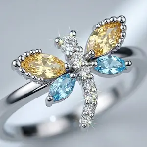 Dragonfly Sparkling Colorful CZ Ring 925 Sterling Silver Marquise Cut Animal Rings for Women Fairycore Aesthetic Trendy Jewelry Gift