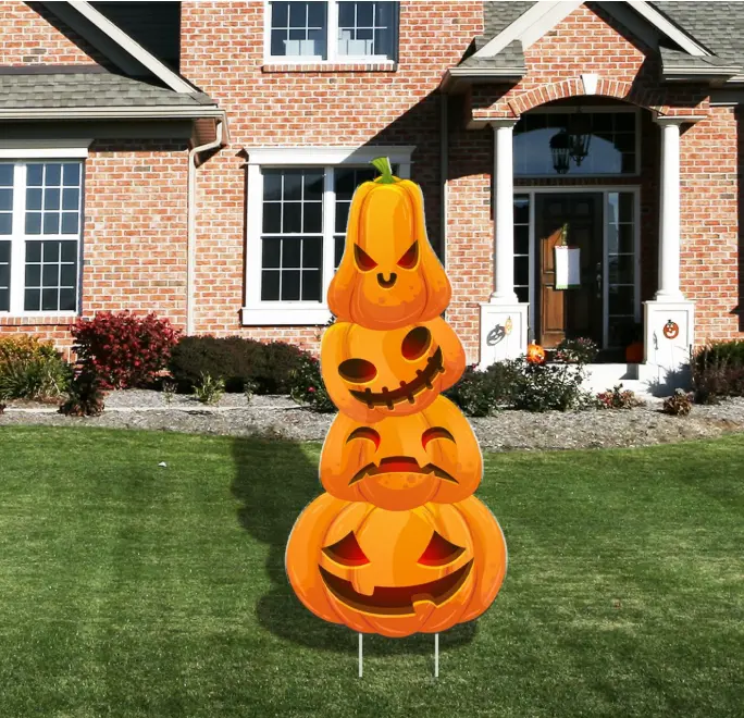 35" Halloween Jack O Lantern Pumpkin Yard Signs with Stakes for Outdoor Halloween Decorations Thanksgiving Fall Harvest Stacked Plastic Pumpkins Yard Sign for Lawn Garden Home Decor