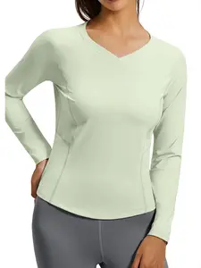 Women's High Elastic Yoga Top, Long Sleeve Mesh Breathable Running Sports Shirt, Slim Fit Gym Workout Clothing