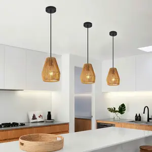 Farmhouse Hanging Light Fixture with 3 Lights | Rustic Woven Hemp Rope Design for Island, Dining Table, Living Room