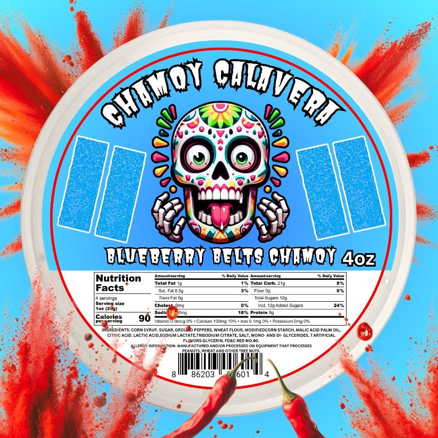Blueberry Sour Belts Chamoy 4oz Jar Spicy Candy Snack mexican candy | Chamoy Calavera sour strip sweet Bonbon Flavor