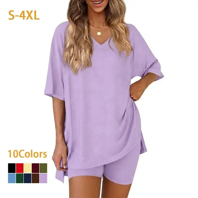 Casual 2 Piece Lounge Set For Women Oversized V Neck Tee Biker Shorts Pajamas Comfy Daily Sleepwear Relaxed Fit Home Outfits