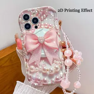 Butterfly Pearl Print Tpu Anti-Drop Phone Case, Wave Edge Design with Lanyard, New for iPhone 15 Pro Max/16 Plus/16 Pro Max/XR/7/8/13/14/11