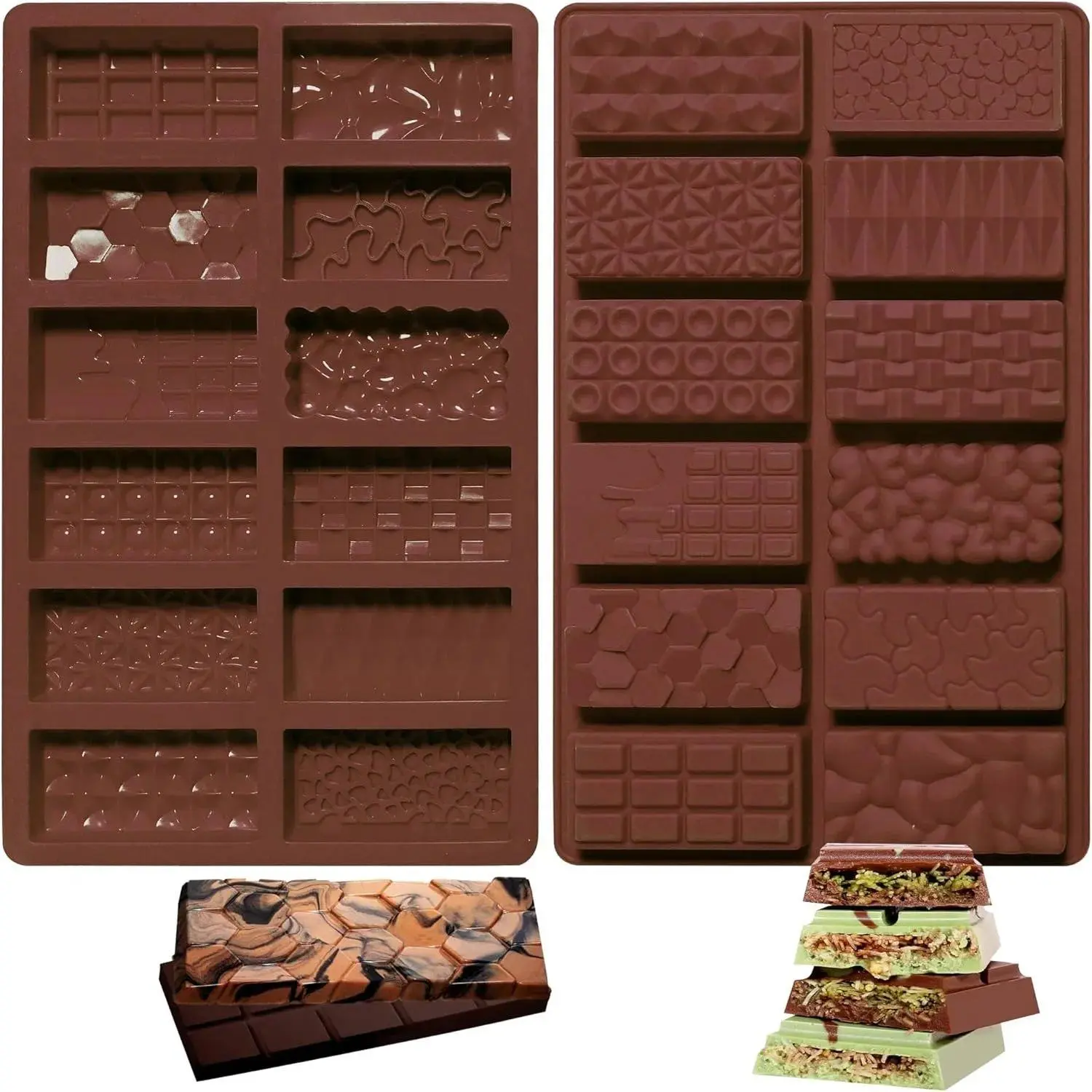 2Pcs Dubai Chocolate Bar Pistachio Deep Molds, Stuffed Candy Bar Molds for Dubai Chocolate Bar Pistachio,Large Break Apart Chocolate Molds,1Inch Thick Chocolate Bar Molds,Ice Cube Deep Mold