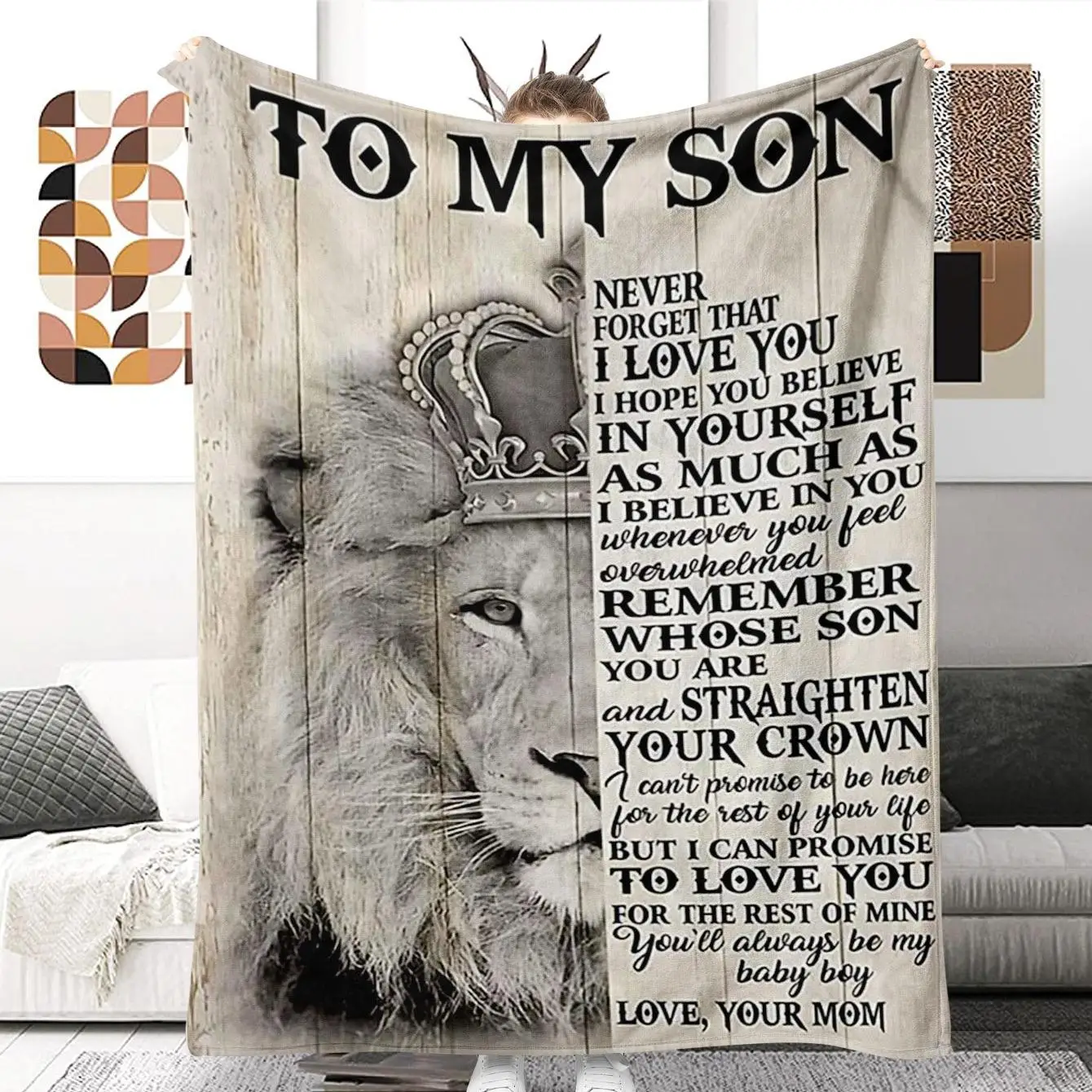 To My Son Pattern Flannel Fleece Blanket, 1 Count Lion & Slogan Soft Comfortable Throw, Heartwarming Blanket Gift, Textiles for Gift, Slogan Print Bla