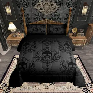 Black Gothic Skull Comforter Set,Vintage Damask Floral Print Bedding Set,Antique Victorian Baroque Down Comforter for All Season,Teen Woman Room Decor,No Sheets