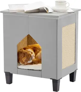 House for Indoor Cats Condo, Furniture with Large Area Scratch PadLeather  Bed Side Table & Nightstand for Living Room and Bedroom Decoration,Grey