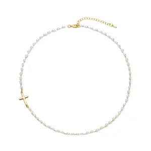 Eternal Gold Pearl Cross Necklace for Women Dainty Pearls & Cross Pendant Christian Faith Jewelry Gift 20G