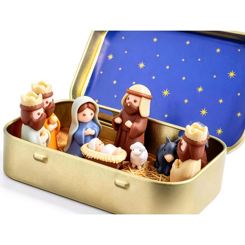 Handmade Miniature Christmas Nativity Set in Tin Box, Portable Pocket-Sized Manger Scene with Mary, Baby Jesus, Shepherds & Animals, Hand-Painted Resin Figures, Travel-Friendly Christmas Decor, Nativity Play Set & Holiday Gift