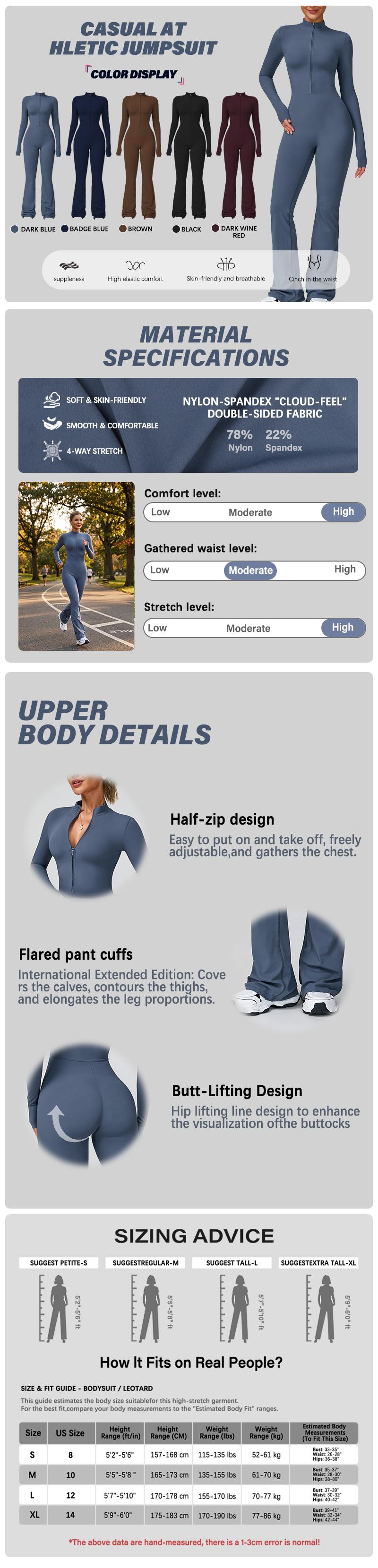 NVWA Women's Long Sleeve Flared Zipper Sports Jumpsuit — Size Guide