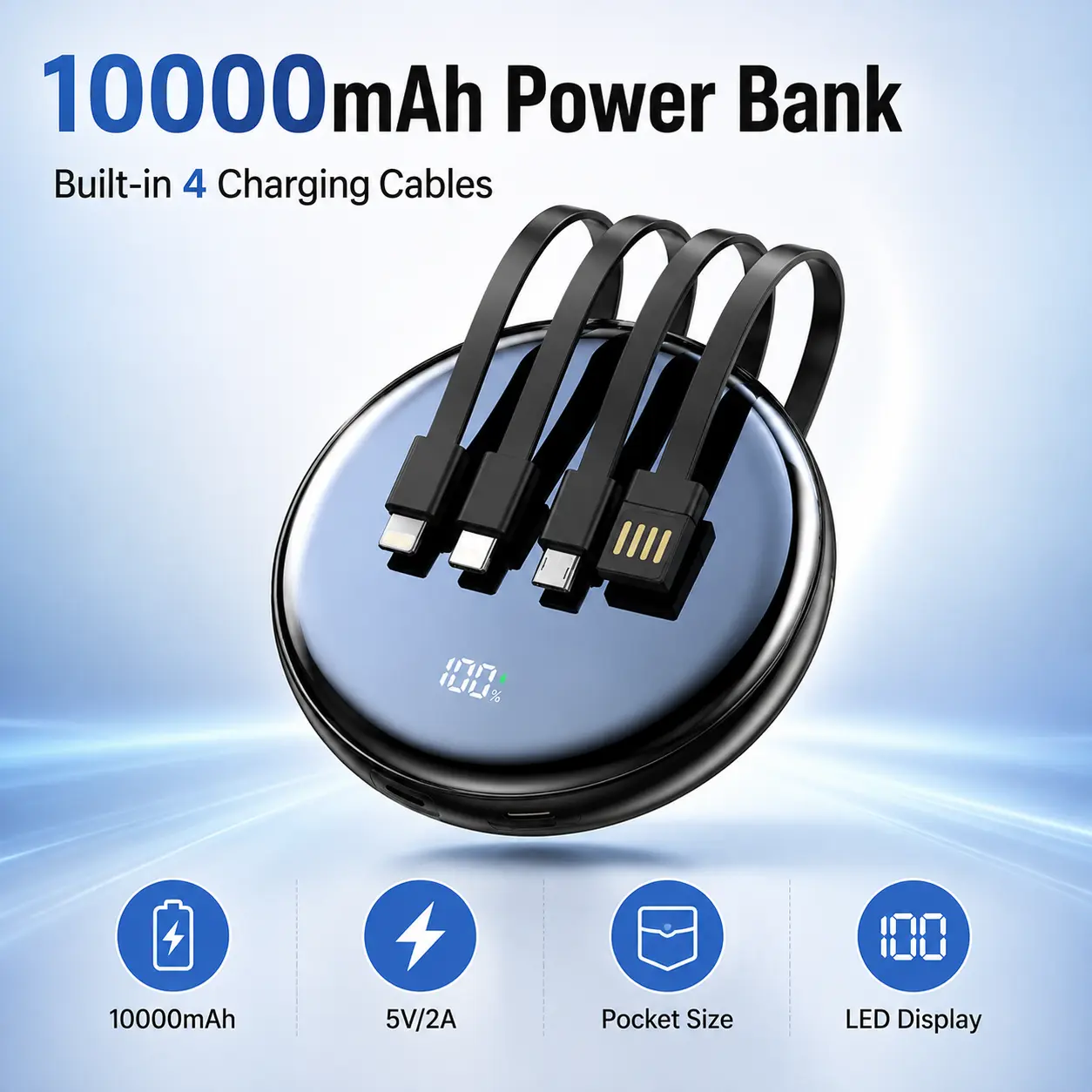 10000mAh Portable Power Bank with 4 Built-in Cables, LED Digital Display, Lightning USB-C Micro USB, Rechargeable Battery Pack for iPhone Android Travel Daily Use