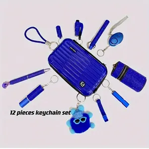 12 Pieces Keychain Set - Vibrant Blue Keychains with Pen Wallet & More Accessories for Everyday Use Charm Croissant Vibes Sunshine